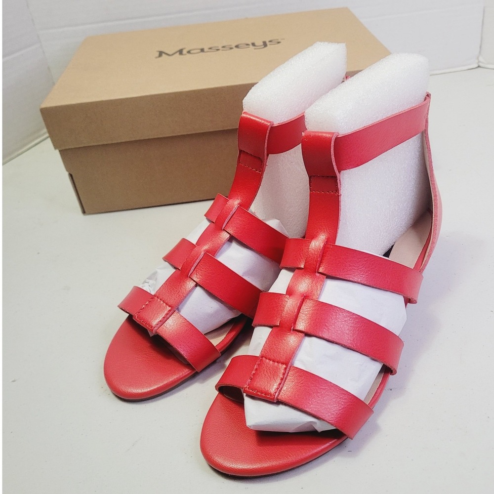 Masseys Women's Athena Gladiator Wedge Sandals 7.5 Red Multi-Strap Back Zip
